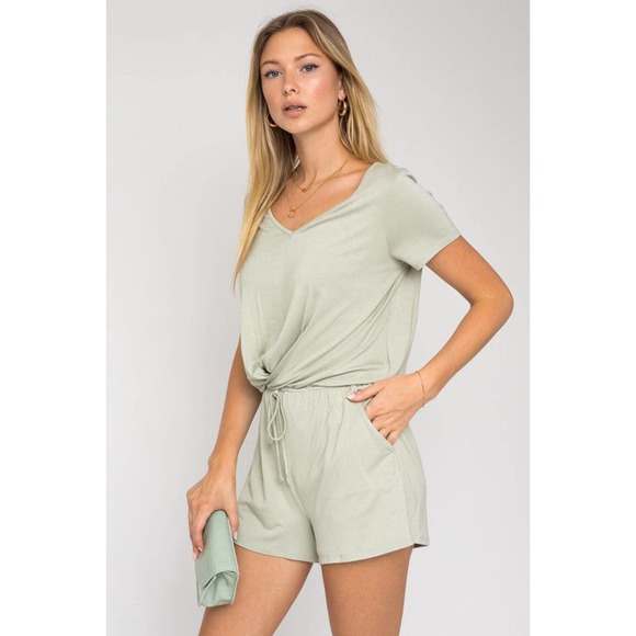 GILLI Short Sleeves V-Neckline Front Overlap Romper with Pockets in Sage - Picture 2 of 10